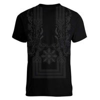 Philippines Barong Style Women V-Neck T-Shirt with Polynesian Art and Leaf Motif Black Color
