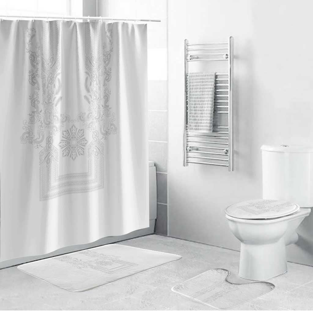 Philippines Barong Style Bathroom Set with Polynesian Art and Leaf Motif White Color