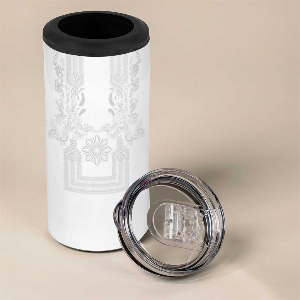 Philippines Barong Style 4 in 1 Can Cooler Tumbler with Polynesian Art and Leaf Motif White Color
