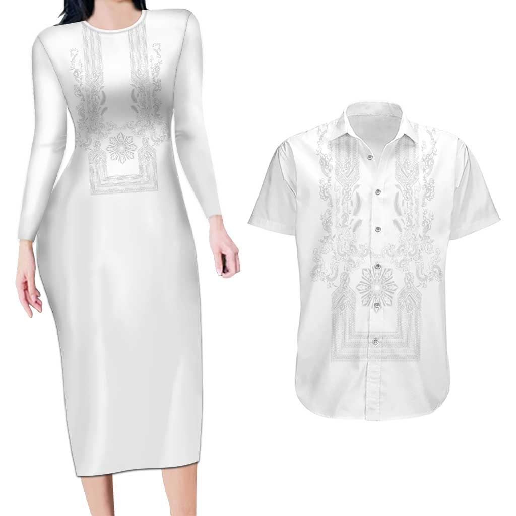 Philippines Barong Style Couples Matching Long Sleeve Bodycon Dress and Hawaiian Shirt with Polynesian Art and Leaf Motif White Color