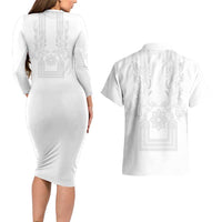Philippines Barong Style Couples Matching Long Sleeve Bodycon Dress and Hawaiian Shirt with Polynesian Art and Leaf Motif White Color