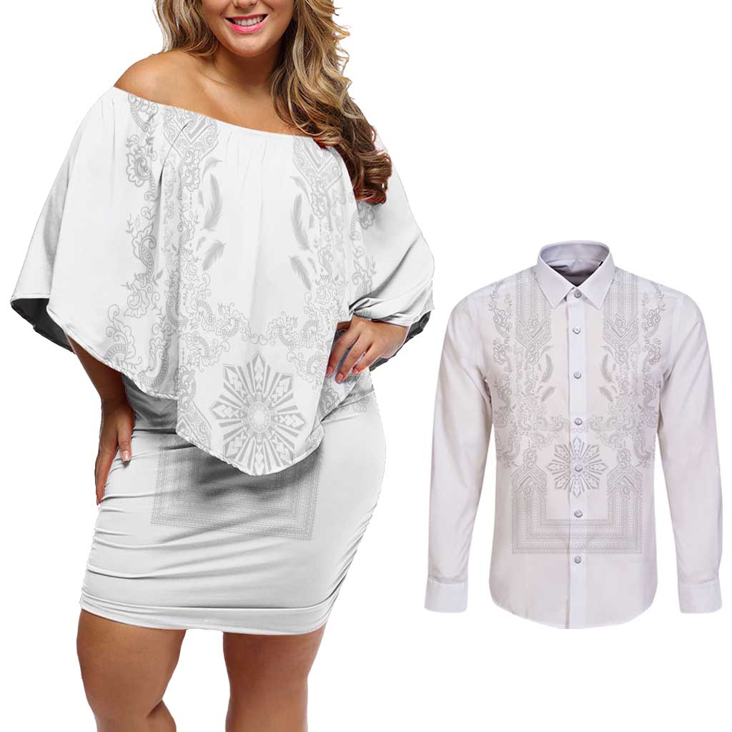 Philippines Barong Style Couples Matching Off Shoulder Short Dress and Long Sleeve Button Shirt with Polynesian Art and Leaf Motif White Color LT03 White - Polynesian Pride