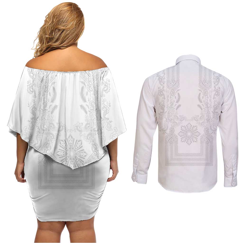 Philippines Barong Style Couples Matching Off Shoulder Short Dress and Long Sleeve Button Shirt with Polynesian Art and Leaf Motif White Color LT03 - Polynesian Pride