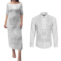 Philippines Barong Style Couples Matching Puletasi and Long Sleeve Button Shirt with Polynesian Art and Leaf Motif White Color
