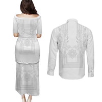 Philippines Barong Style Couples Matching Puletasi and Long Sleeve Button Shirt with Polynesian Art and Leaf Motif White Color
