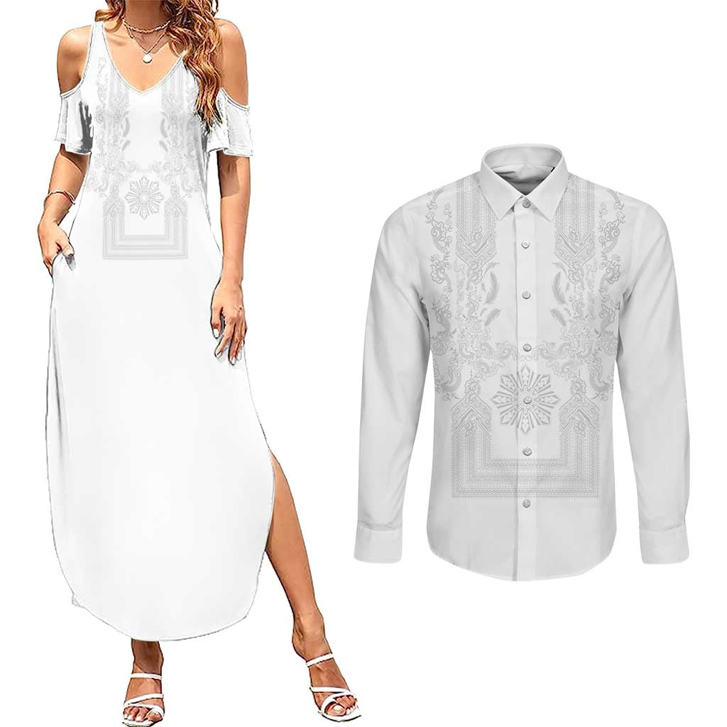 Philippines Barong Style Couples Matching Summer Maxi Dress and Long Sleeve Button Shirt with Polynesian Art and Leaf Motif White Color LT03 White - Polynesian Pride
