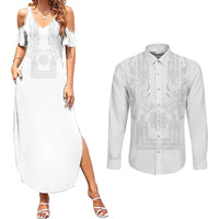 Philippines Barong Style Couples Matching Summer Maxi Dress and Long Sleeve Button Shirt with Polynesian Art and Leaf Motif White Color LT03 White - Polynesian Pride