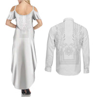 Philippines Barong Style Couples Matching Summer Maxi Dress and Long Sleeve Button Shirt with Polynesian Art and Leaf Motif White Color LT03 - Polynesian Pride