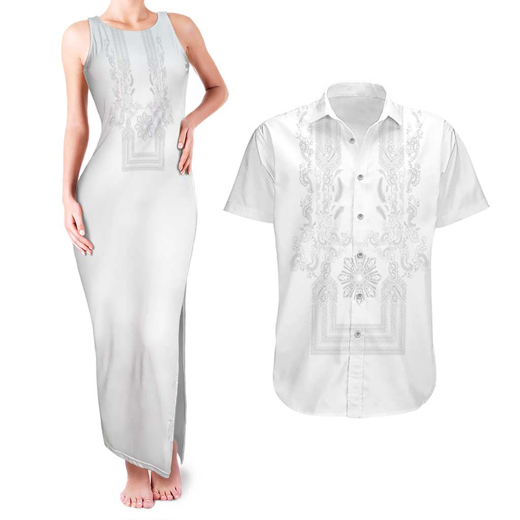 Philippines Barong Style Couples Matching Tank Maxi Dress and Hawaiian Shirt with Polynesian Art and Leaf Motif White Color