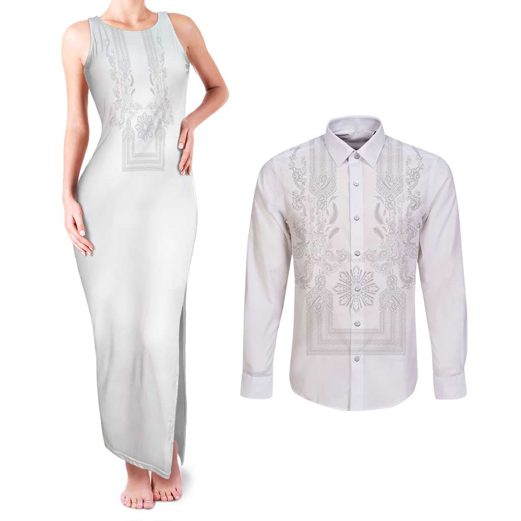 Philippines Barong Style Couples Matching Tank Maxi Dress and Long Sleeve Button Shirt with Polynesian Art and Leaf Motif White Color