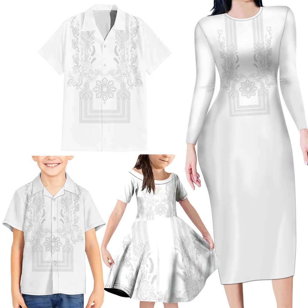 Philippines Barong Style Family Matching Long Sleeve Bodycon Dress and Hawaiian Shirt with Polynesian Art and Leaf Motif White Color