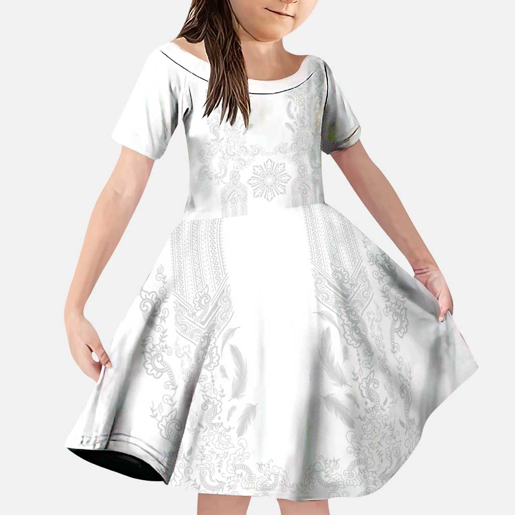 Philippines Barong Style Family Matching Mermaid Dress and Hawaiian Shirt with Polynesian Art and Leaf Motif White Color LT03 Daughter's Dress White - Polynesian Pride
