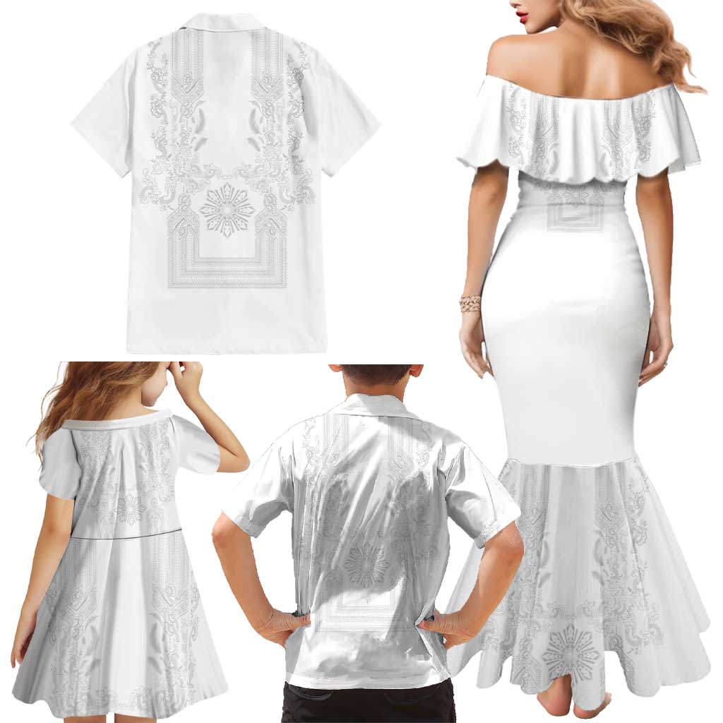 Philippines Barong Style Family Matching Mermaid Dress and Hawaiian Shirt with Polynesian Art and Leaf Motif White Color LT03 - Polynesian Pride