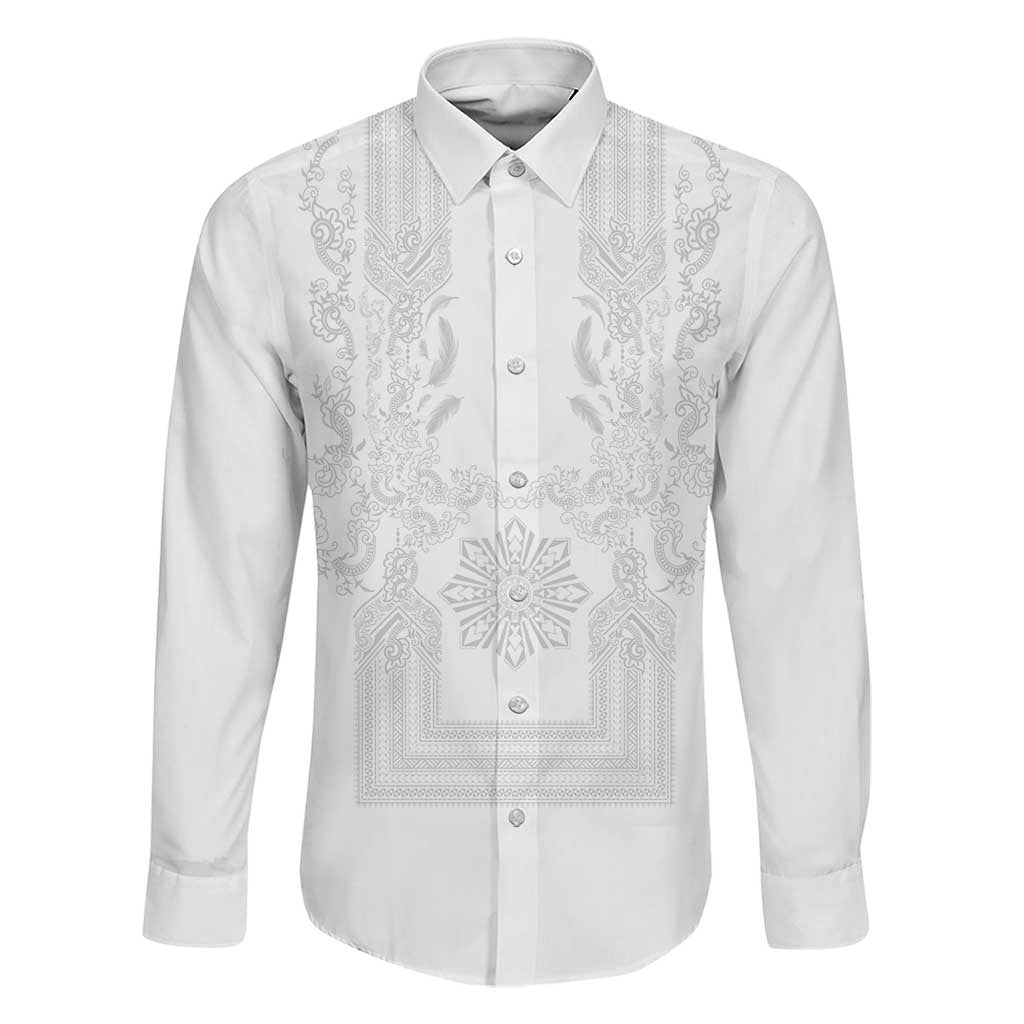 Philippines Barong Style Family Matching Mermaid Dress and Hawaiian Shirt with Polynesian Art and Leaf Motif White Color LT03 Dad's Shirt - Long Sleeve White - Polynesian Pride