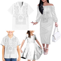 Philippines Barong Style Family Matching Off The Shoulder Long Sleeve Dress and Hawaiian Shirt with Polynesian Art and Leaf Motif White Color
