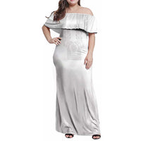 Philippines Barong Style Family Matching Off Shoulder Maxi Dress and Hawaiian Shirt with Polynesian Art and Leaf Motif White Color