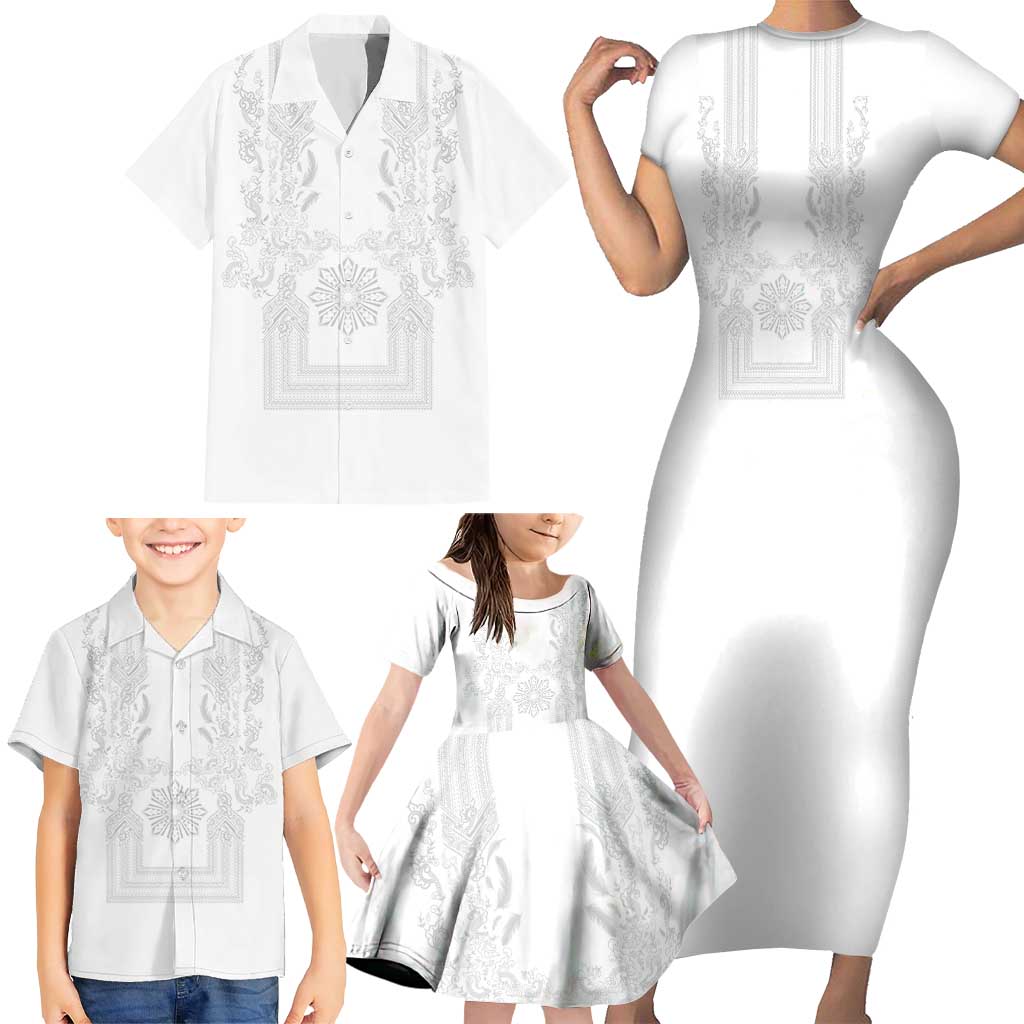 Philippines Barong Style Family Matching Short Sleeve Bodycon Dress and Hawaiian Shirt with Polynesian Art and Leaf Motif White Color