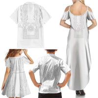 Philippines Barong Style Family Matching Summer Maxi Dress and Hawaiian Shirt with Polynesian Art and Leaf Motif White Color