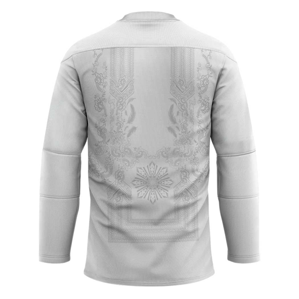 Philippines Barong Style Hockey Jersey with Polynesian Art and Leaf Motif White Color