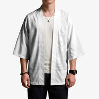 Philippines Barong Style Kimono with Polynesian Art and Leaf Motif White Color LT03 - Polynesian Pride