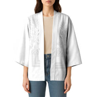 Philippines Barong Style Kimono with Polynesian Art and Leaf Motif White Color LT03 - Polynesian Pride