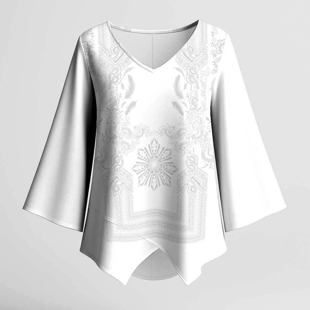 Philippines Barong Style Kimono Sleeve Blouse with Polynesian Art and Leaf Motif White Color