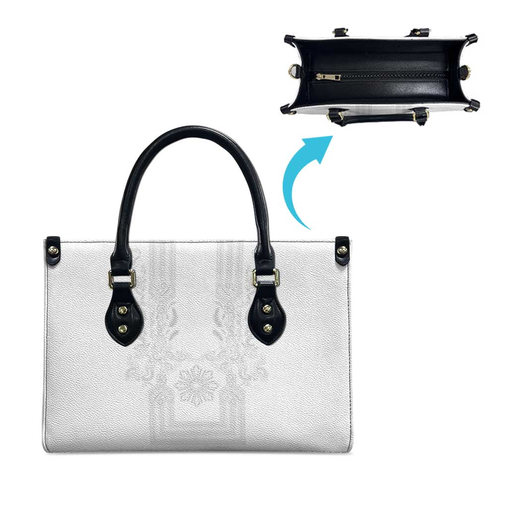 Philippines Barong Style Leather Bag with Polynesian Art and Leaf Motif White Color