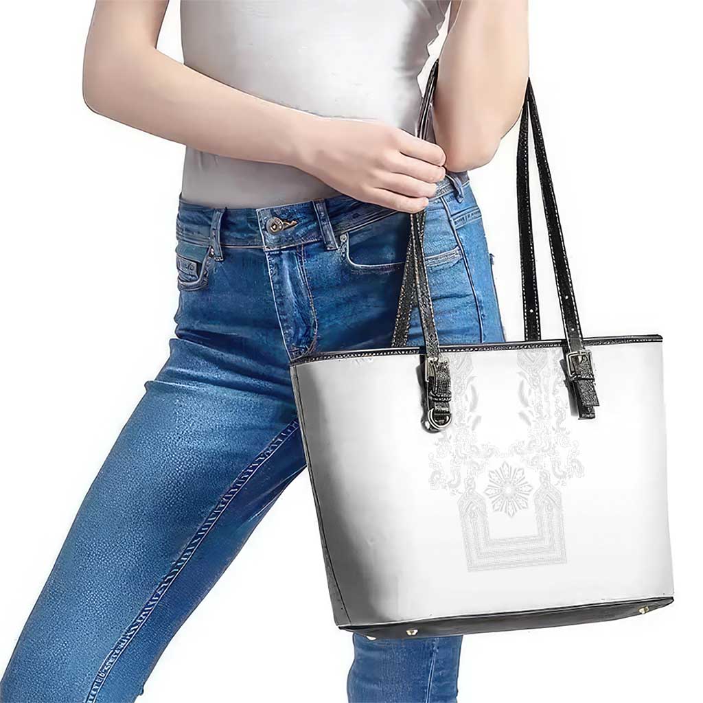 Philippines Barong Style Leather Tote Bag with Polynesian Art and Leaf Motif White Color
