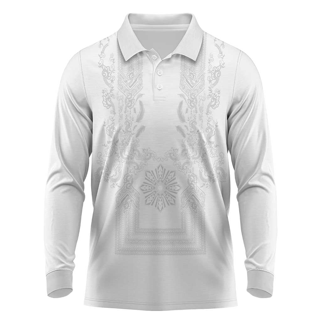 Philippines Barong Style Long Sleeve Polo Shirt with Polynesian Art and Leaf Motif White Color