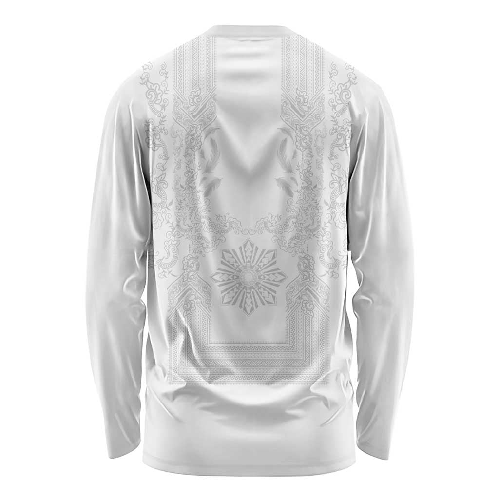 Philippines Barong Style Long Sleeve Shirt with Polynesian Art and Leaf Motif White Color