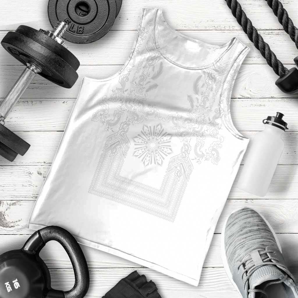 Philippines Barong Style Men Tank Top with Polynesian Art and Leaf Motif White Color