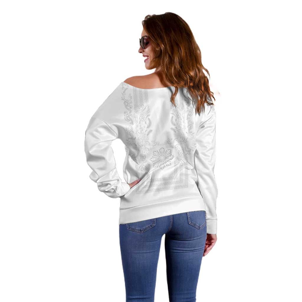 Philippines Barong Style Off Shoulder Sweater with Polynesian Art and Leaf Motif White Color