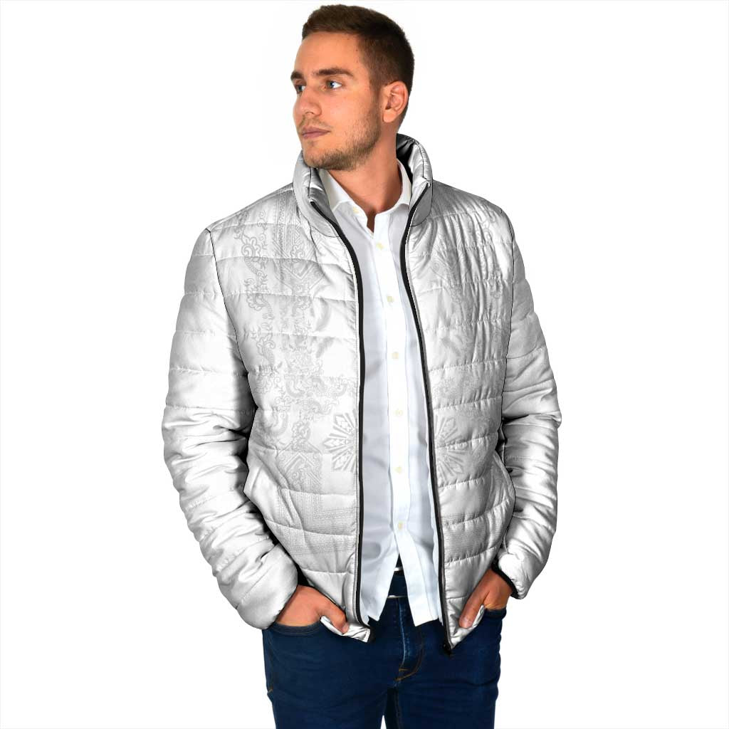 Philippines Barong Style Padded Jacket with Polynesian Art and Leaf Motif White Color