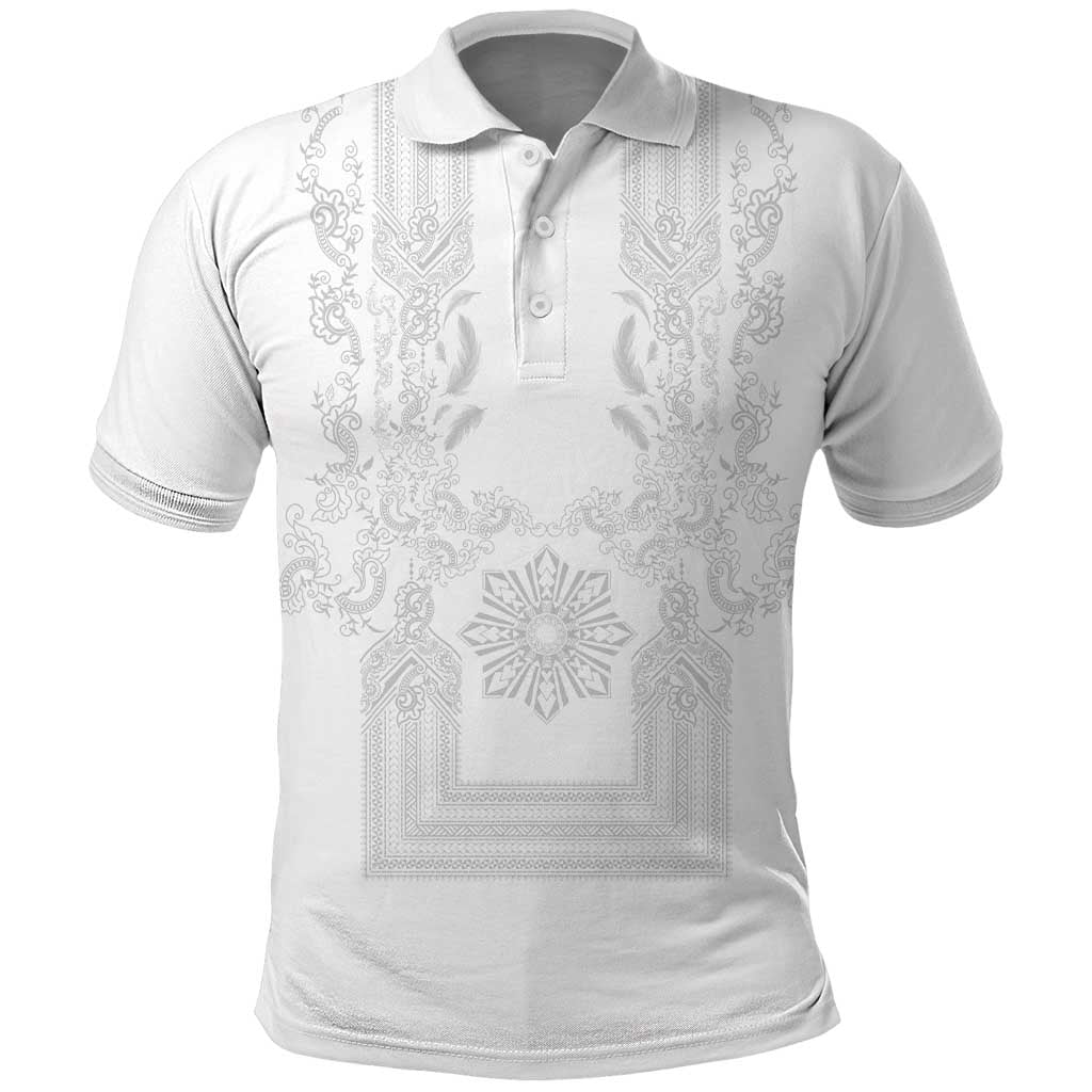 Philippines Barong Style Polo Shirt with Polynesian Art and Leaf Motif White Color LT03 White - Polynesian Pride
