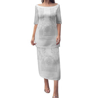 Philippines Barong Style Puletasi with Polynesian Art and Leaf Motif White Color LT03 Long Dress White - Polynesian Pride