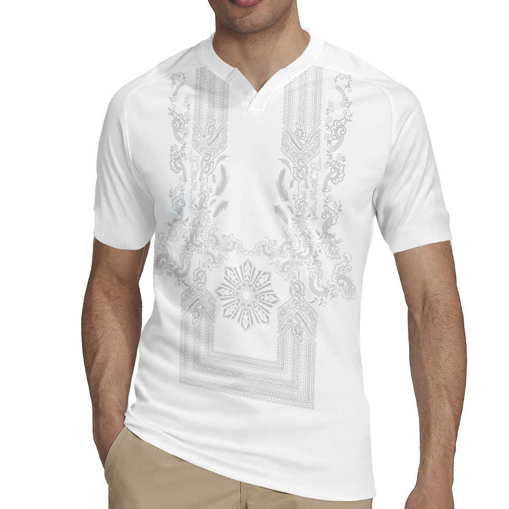 Philippines Barong Style Rugby Jersey with Polynesian Art and Leaf Motif White Color
