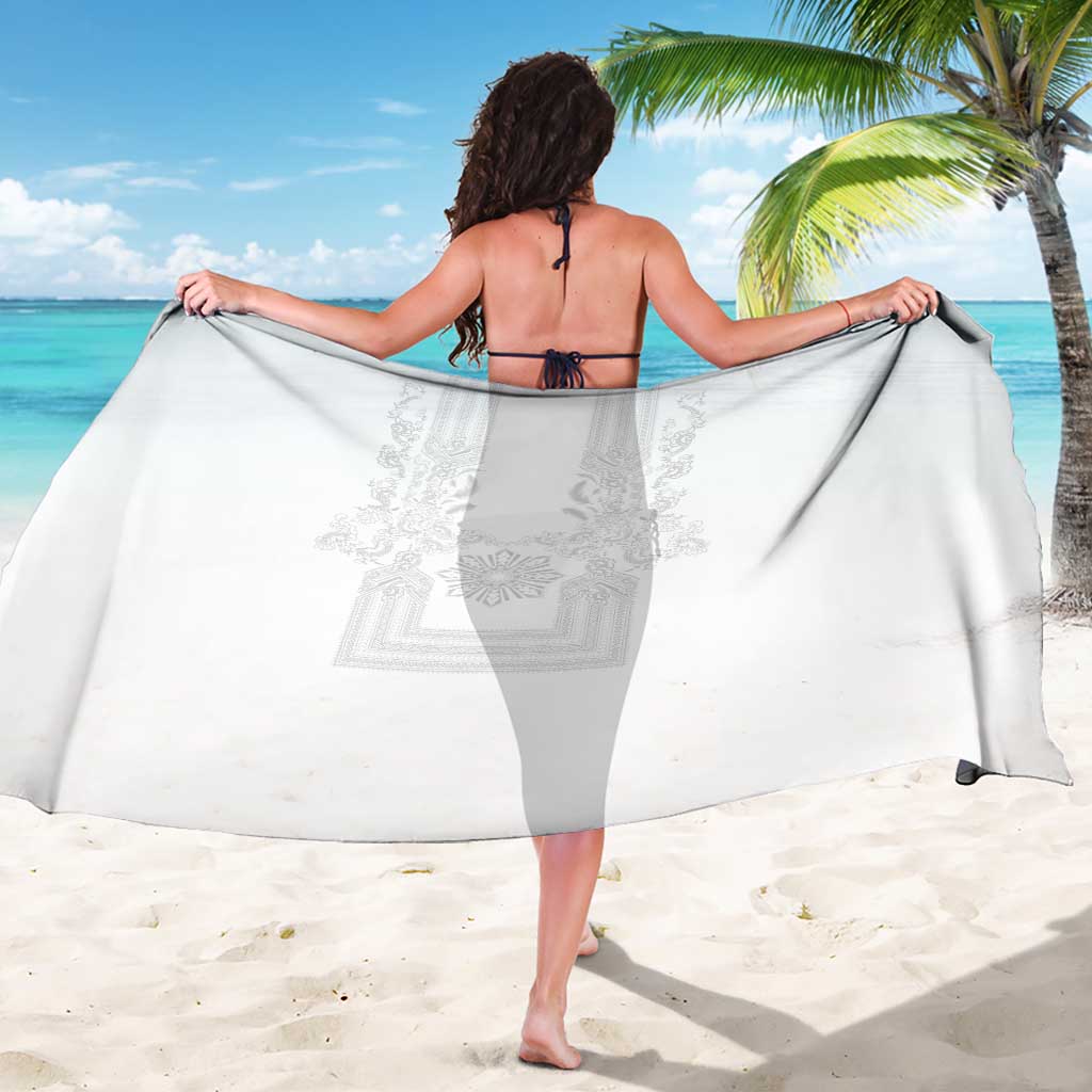 Philippines Barong Style Sarong with Polynesian Art and Leaf Motif White Color