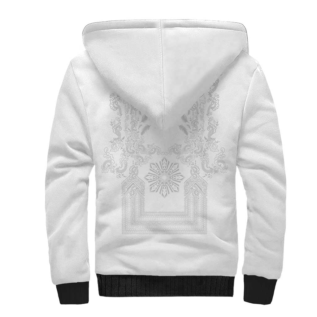 Philippines Barong Style Sherpa Hoodie with Polynesian Art and Leaf Motif White Color