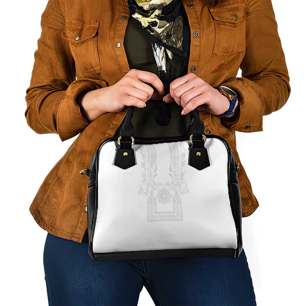 Philippines Barong Style Shoulder Handbag with Polynesian Art and Leaf Motif White Color