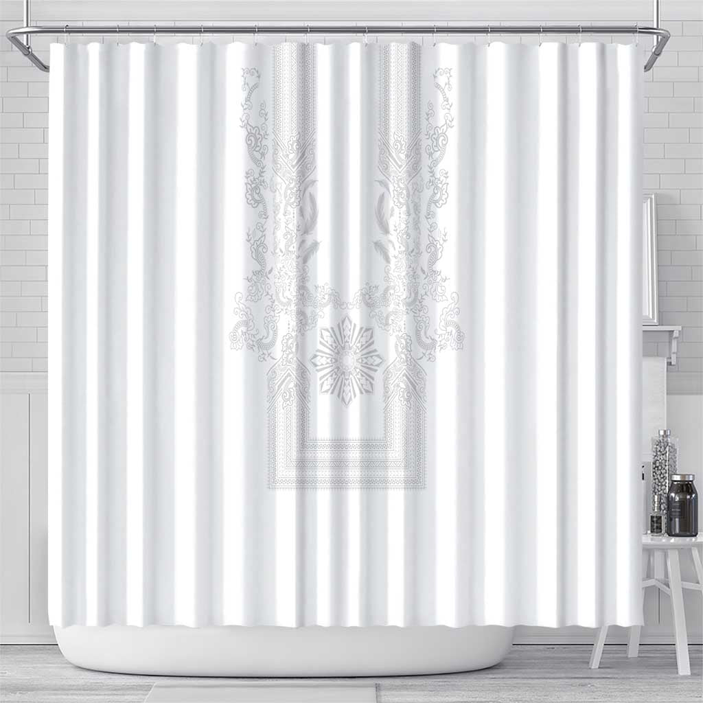 Philippines Barong Style Shower Curtain with Polynesian Art and Leaf Motif White Color