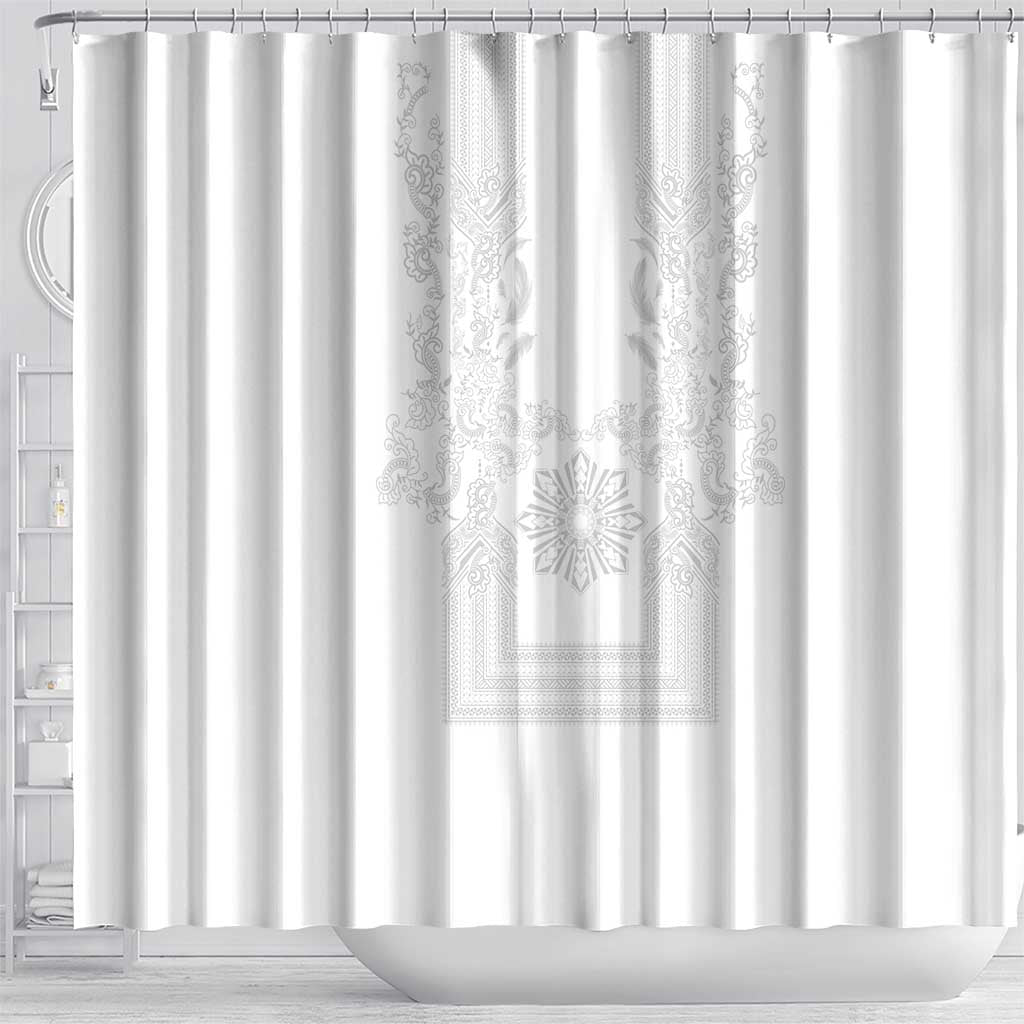 Philippines Barong Style Shower Curtain with Polynesian Art and Leaf Motif White Color