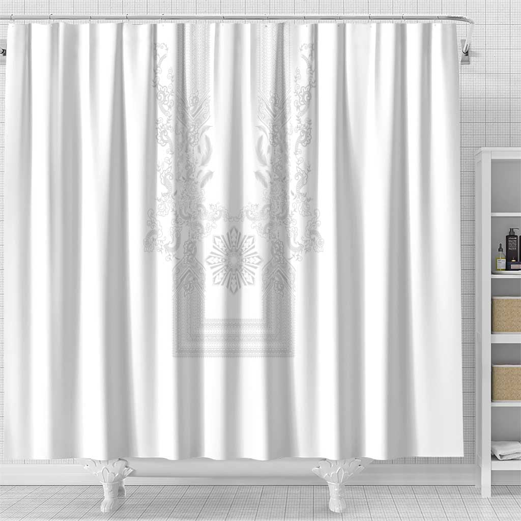 Philippines Barong Style Shower Curtain with Polynesian Art and Leaf Motif White Color