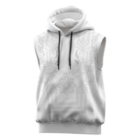 Philippines Barong Style Sleeveless Hoodie with Polynesian Art and Leaf Motif White Color
