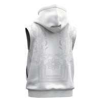 Philippines Barong Style Sleeveless Hoodie with Polynesian Art and Leaf Motif White Color