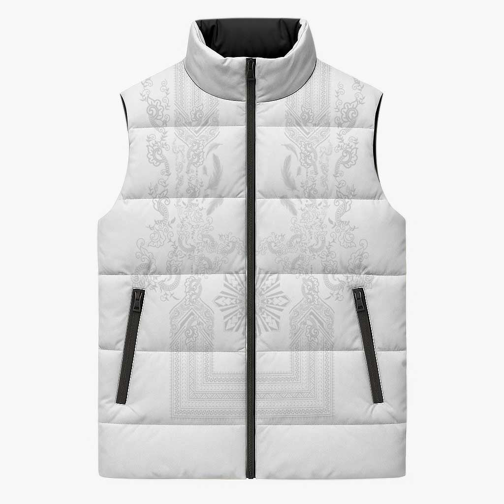 Philippines Barong Style Sleeveless Puffer Jacket with Polynesian Art and Leaf Motif White Color LT03 Unisex White - Polynesian Pride
