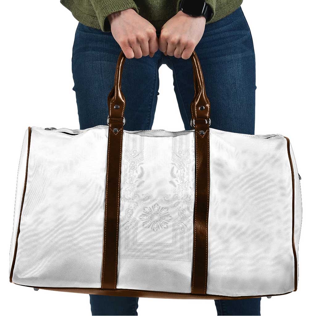 Philippines Barong Style Travel Bag with Polynesian Art and Leaf Motif White Color