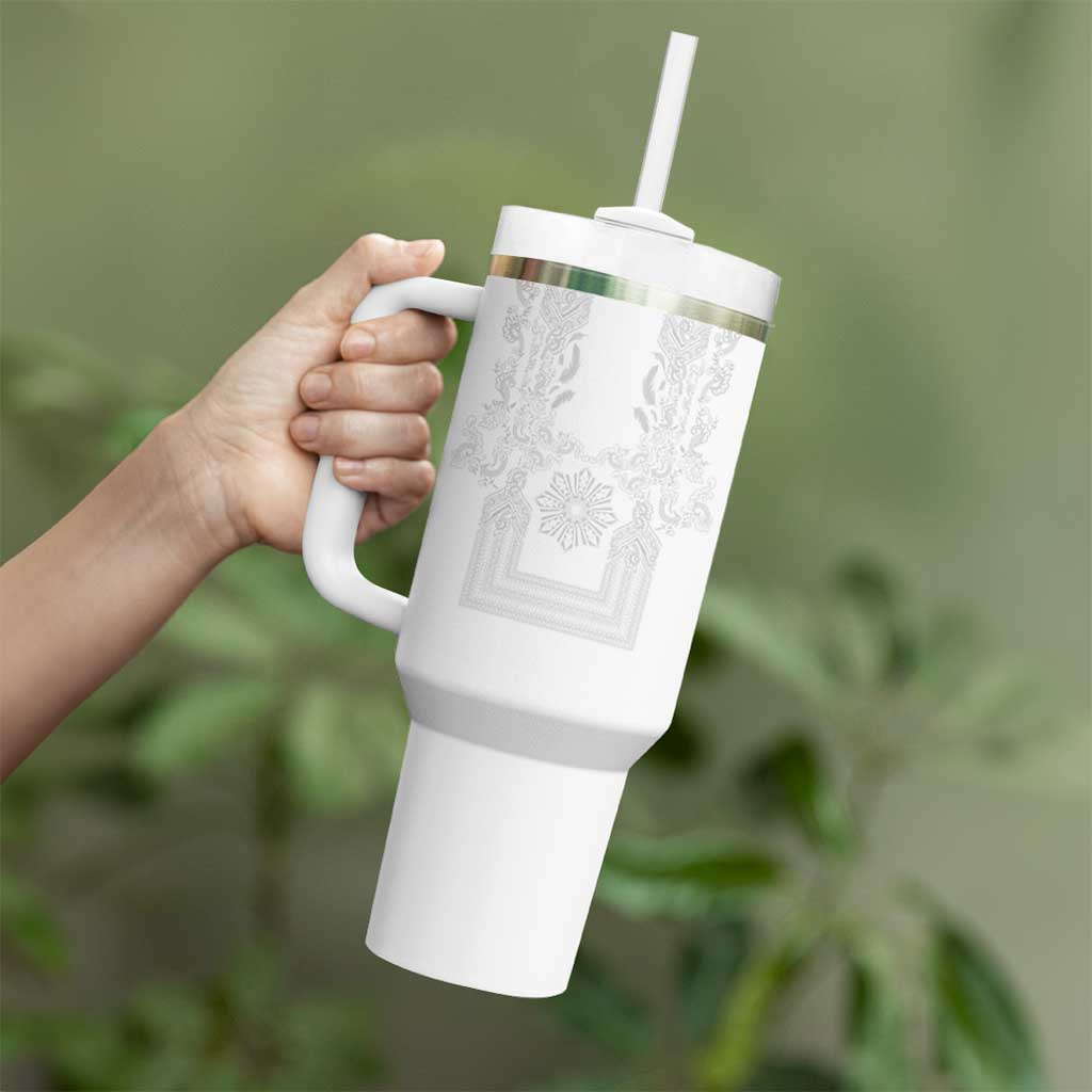 Philippines Barong Style Tumbler With Handle with Polynesian Art and Leaf Motif White Color