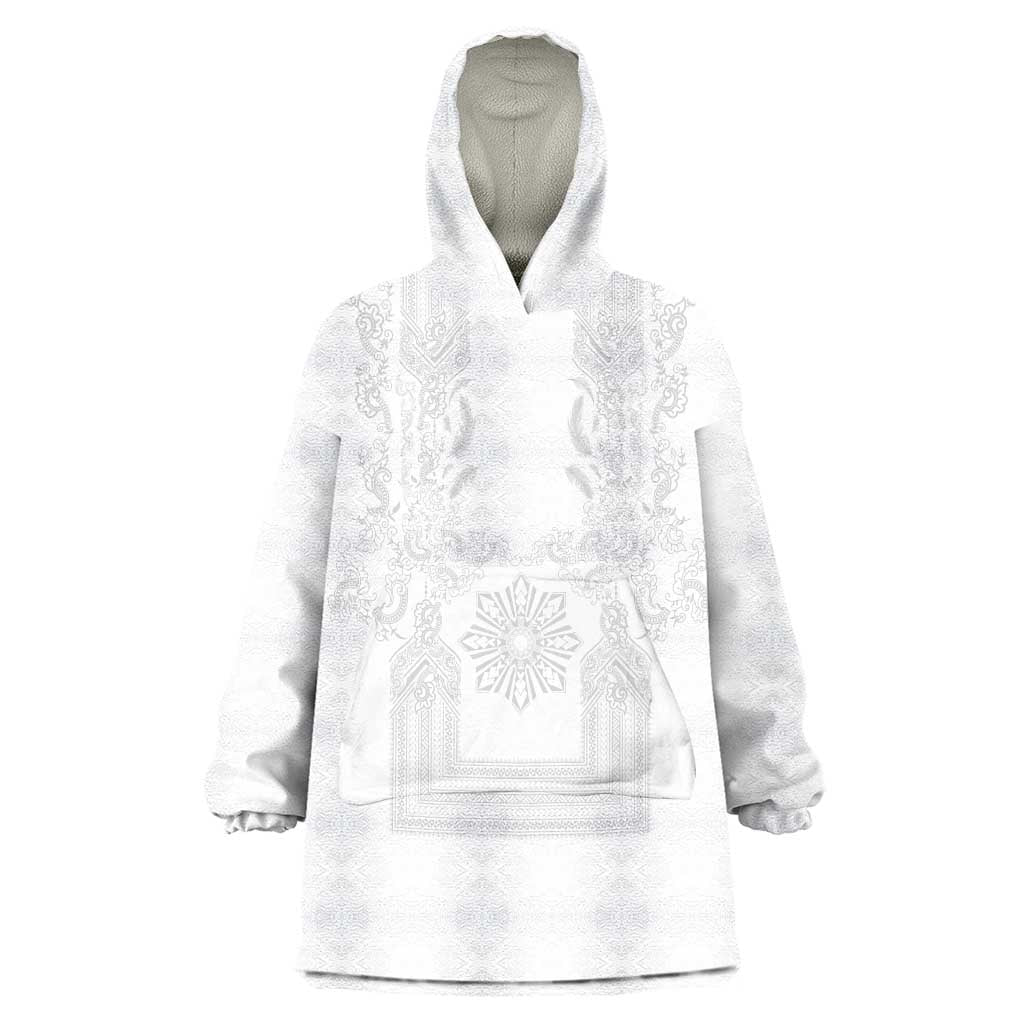 Philippines Barong Style Wearable Blanket Hoodie with Polynesian Art and Leaf Motif White Color