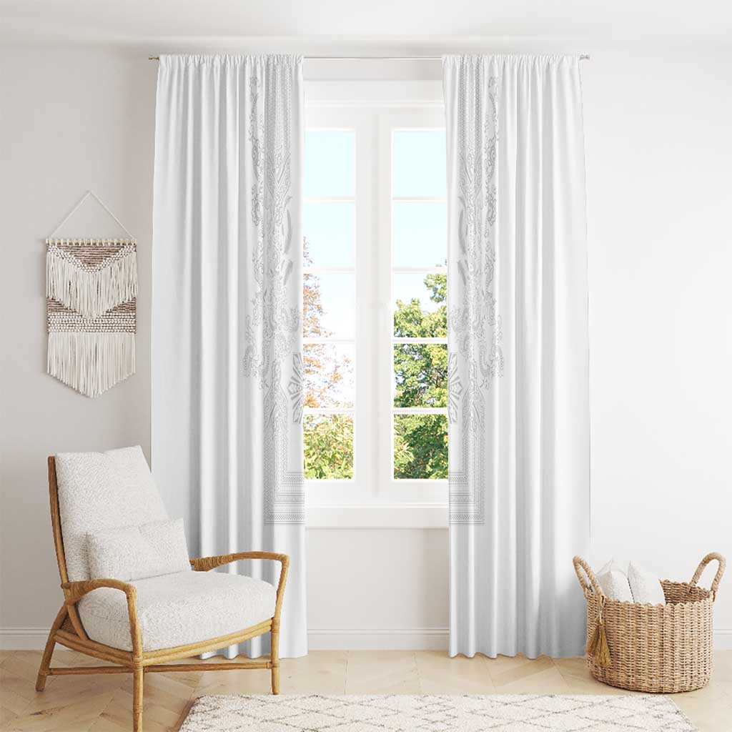 Philippines Barong Style Window Curtain with Polynesian Art and Leaf Motif White Color