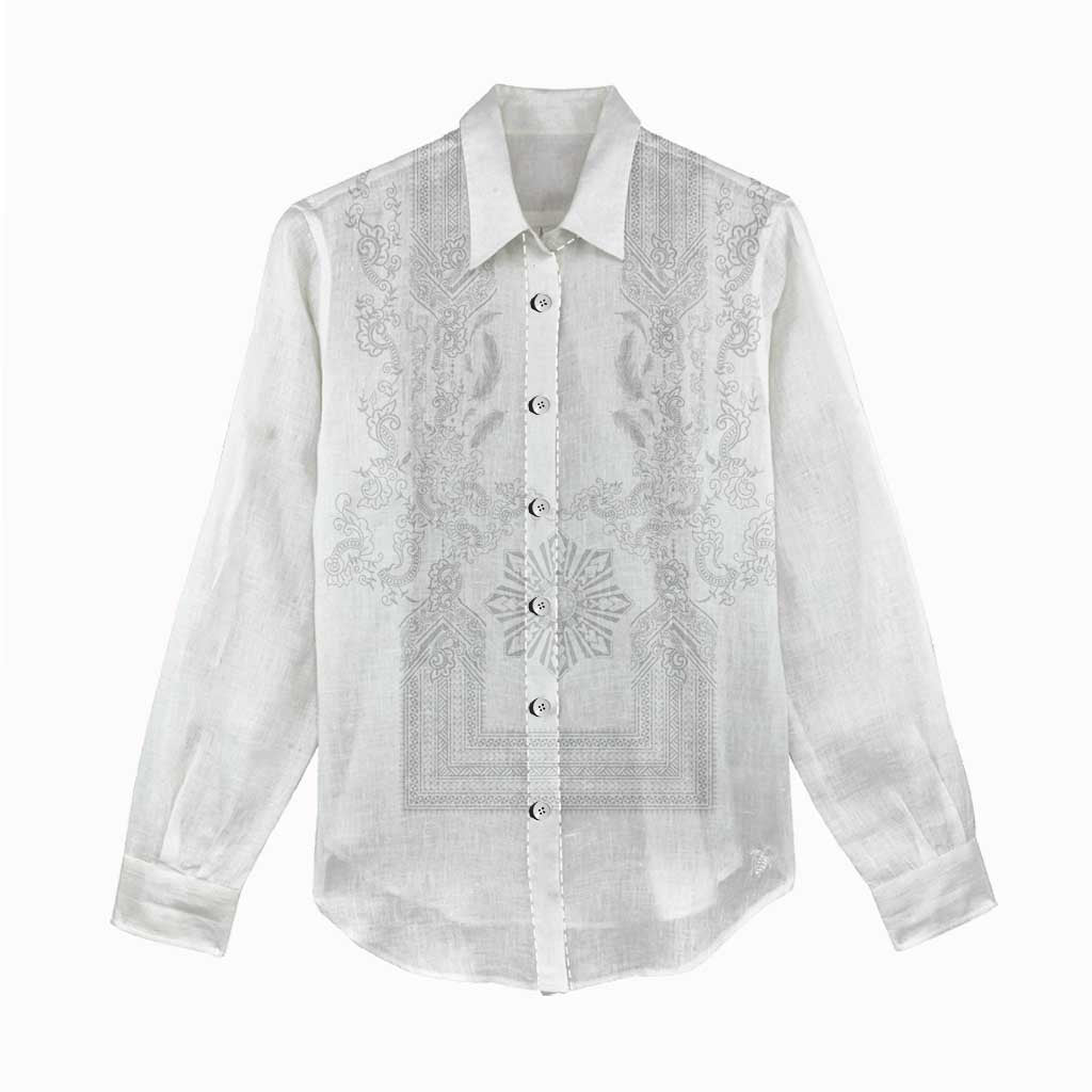 Philippines Barong Style Women Casual Shirt with Polynesian Art and Leaf Motif White Color